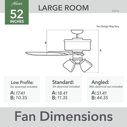 Hunter 52 inch Indoor Ceiling Fan with LED Lights - Ceiling Fan with Pull Chain, For Bedroom or Living Room, Standard Mount, No Remote, 5 Blades, Includes Bulbs - Amberlin 53216, Brushed Nickel