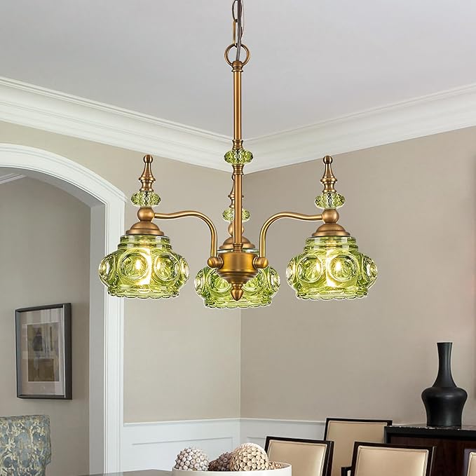 3-Light Green Pendant Lighting Fixtures Vintage Brass Pendant Light for Bedroom Kitchen Island Dining Room Living Room