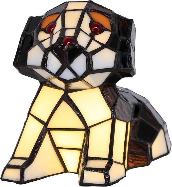 Small Tiffany Lamp Stained Glass Animal Table Lamp Mini Accent Desk Light (Brown White Dog)