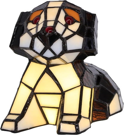 Small Tiffany Lamp Stained Glass Animal Table Lamp Mini Accent Desk Light (Brown White Dog)