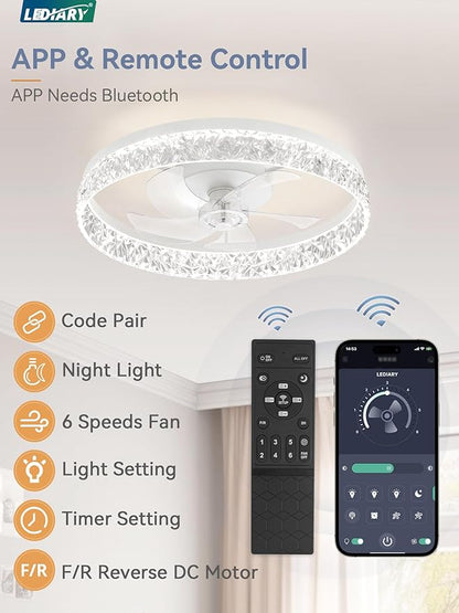 LEDIARY 22 Inch Ceiling Fans with Lights and Remote, Fandelier Low Profile Ceiling Fan, 3000K-6000K Dimmable Flush Mount LED Fan Light, White Modern Ceiling Fans with Lights for Bedroom