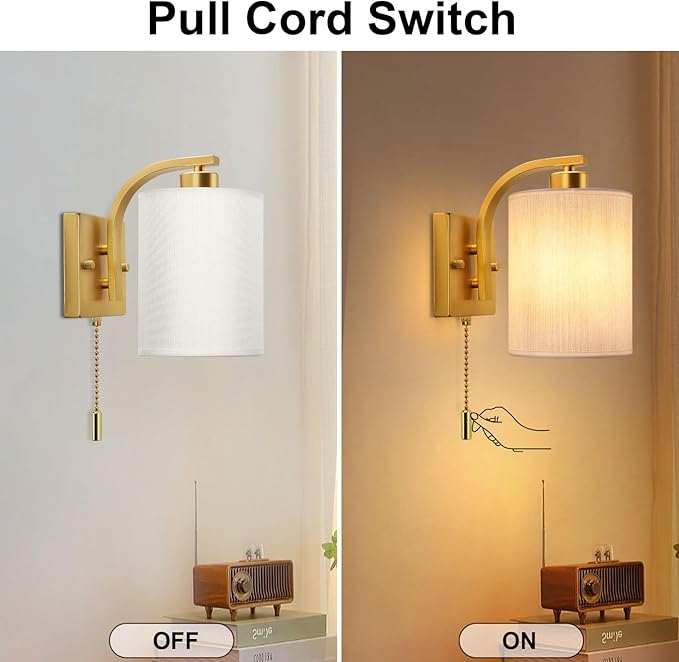 Lightess Wall Sconces with Pull Chain,Vintage Hardwired Pull Cord Wall Light Fixture with on Off Switch,Indoor Wall Lamp for Hallway Bedroom Living Room,Set of Two Gold (Bulbs Not Included)