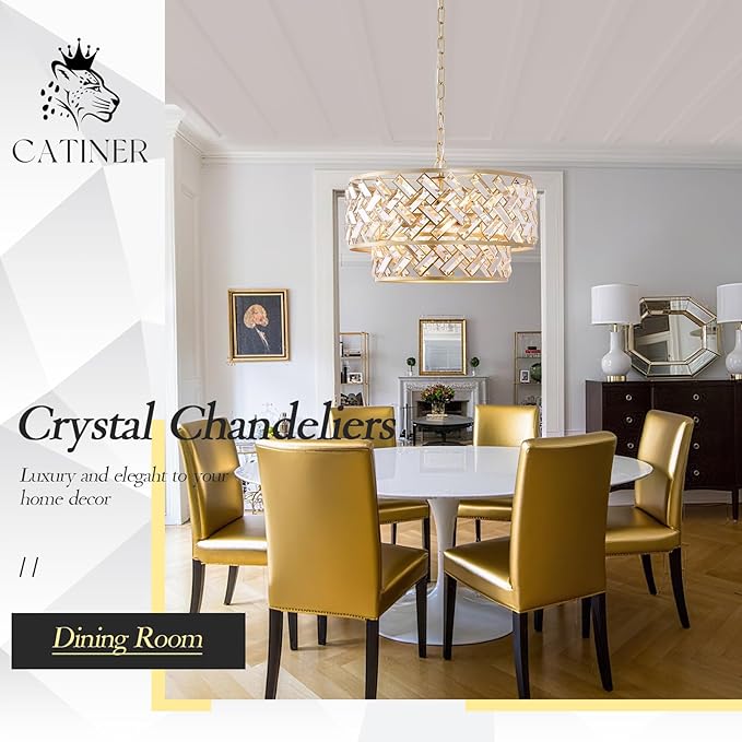 CATINER 20'' Modern Gold Crystal Chandelier Luxury Semi Flush Mount Ceiling Light Fixtures 6-Lights Round Crystal Pendant Chandelier for Dining Room Foyer Living Room Bedroom