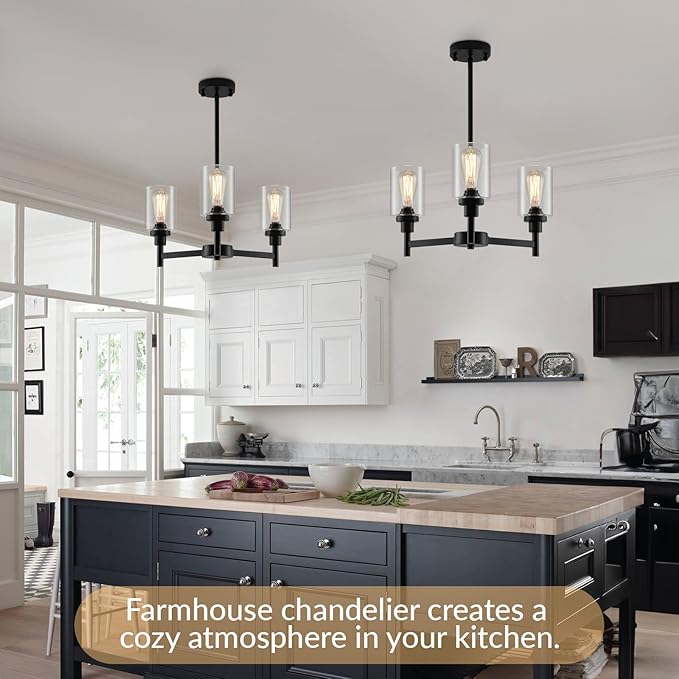 LIGHTDAMY 3 Lights Black Chandeliers for Dining Room Light Fixture Over Table, Entryway Chandelier for Foyer, Hallway Lighting Fixtures with Glass Shade for Dining Room Kitchen Island Foyer Hallway