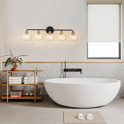 5 Light Bathroom Vanity Light, Black and Gold Bathroom Light Fixtures with Clear Glass Shade Modern Wall Sconces Lighting Bath Wall Lights Lamp for Mirror Kitchen Living Room Bedroom Hallway Cabinet