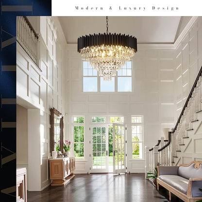 A AXILIXI Large Crystal Chandeliers Modern 30”Black Ceiling Chandelier Light Fixture for High Ceiling 6 Tiers Round Pendant Chandeliers for Foyer Living Room Staircase Dining