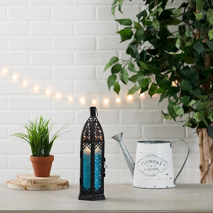 Zingz & Thingz Moroccan Style Candle Lantern Holder, Decorative Light Home Decor, Indoor & Outdoor, 13" Tall, Black with Blue Glass