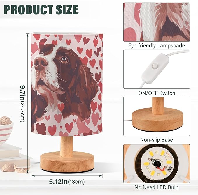 Bedside Table Lamp Springer Spaniel Dogs Heart Nightstand Lamp with Wood Desk Lamps for Bedroom Living Room Nursery Office Home Decor
