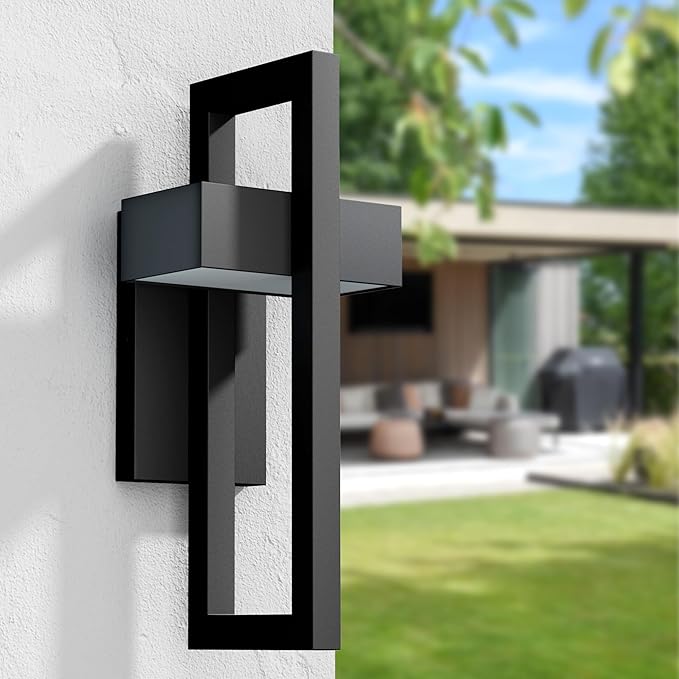 Krychiler 16.5 Inch Contemporary Outdoor Wall Lights with 3000K Integrated LED, 2 Packs Matte Black Metal Modern Exterior Lighting Fixtures Outside Wall Mount, for House Porch Patio Garage Front Door