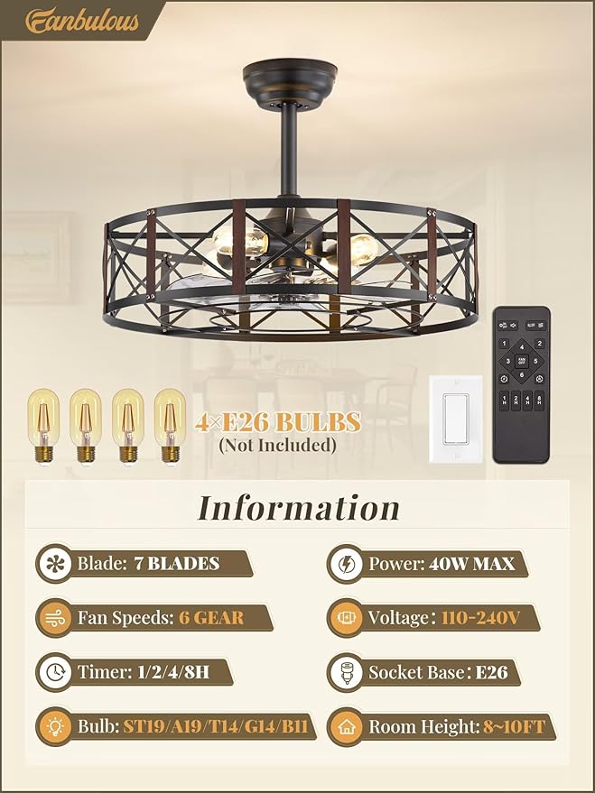 Fanbulous 23 Inch Fandelier Caged Ceiling Fans with Lights and Remote, Black Bladeless Ceiling Fan with 6 Speeds and Timing, Farmhouse Samll Fan Lights Ceiling Fixtures For Kitchen, Bedroom-Walnut