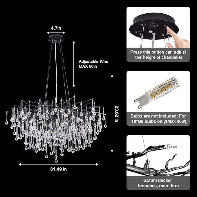 Chandeliers for Dining Room - 31.5" Modern Black Crystal Chandelier, Round Tree Branch Raindrop Chandelier, Foyer Chandeliers for Entryway, Living Room,Bedrooms,Bathroom(Bulb not Included)
