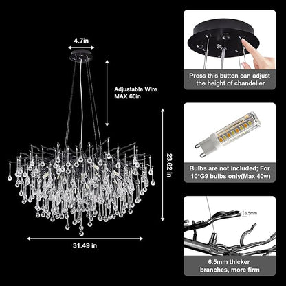 Chandeliers for Dining Room - 31.5" Modern Black Crystal Chandelier, Round Tree Branch Raindrop Chandelier, Foyer Chandeliers for Entryway, Living Room,Bedrooms,Bathroom(Bulb not Included)