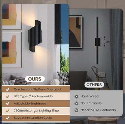 2 Packs Modern Wall Light Battery Operated Wall Sconces,Black Wireless Wall Lamp with Remote, Rechargeable Cordless Wall Sconce USB Charging for Bedroom Living Room Hallway (1 Pack)