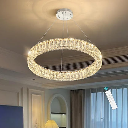 HAIXIANG Modern Crystal Chandelier Dimmable LED Ring Pendant Lights Adjustable Glam Chandeliers Lighting Fixtures for Dining Room Living Room Bedroom Silver Light