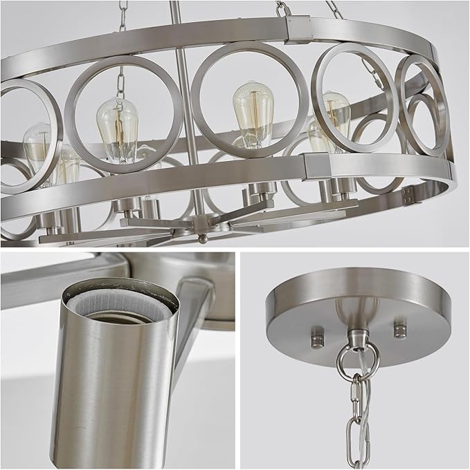 XINGQI 32.3" Large Brushed Nickel Drum Chandelier Modern 8-Light Rustic Farmhouse Round Pendant Lighting Fixture for Dining Room Living Room Office Kitchen Island