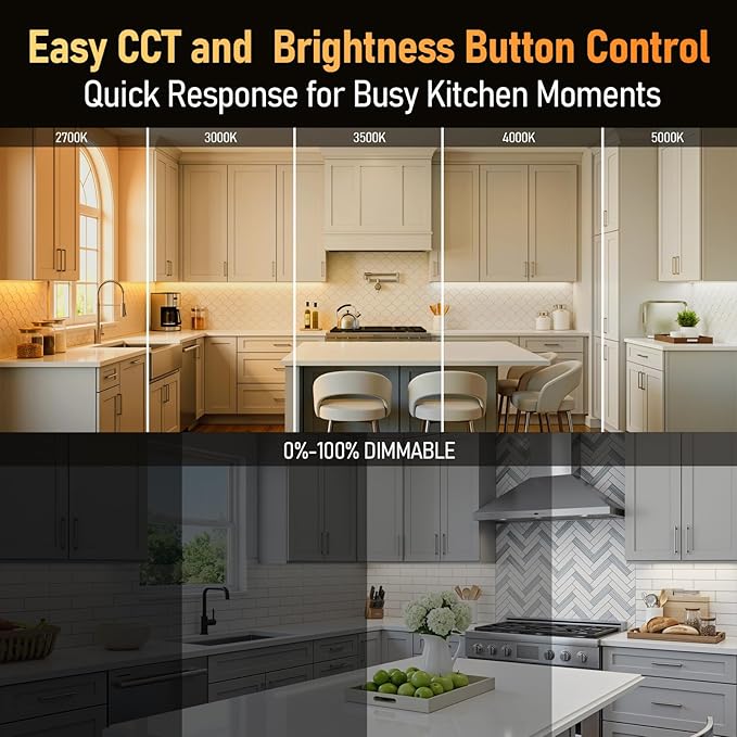 TORCHSTAR Ultra-Slim LED Under Cabinet Lighting Fits 24 Inch Cabinets, 5CCT 16W 1200LM, Hardwired & Plug-in, 120V CRI90 Linkable Dimmable Thin Under Counter Lights for Kitchen, ETL T24