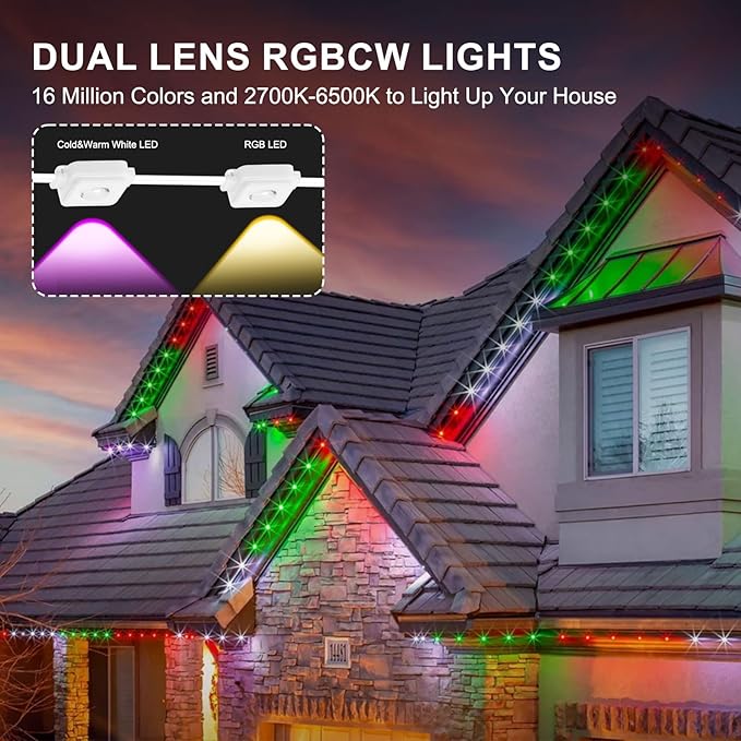 Permanent Outdoor Eaves Lights, 50ft with 30 RGB LED Bulbs for Festive Decor, 100+ Scene Options, IP67 Waterproof, Smart App & Remote Control Compatible for Christmas,Holiday,Outdoor Decor