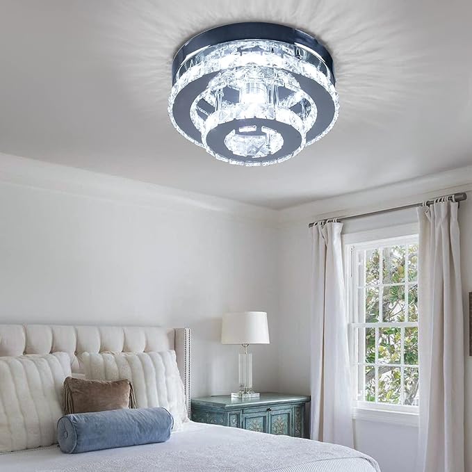 Modern Crystal Flush Mount Chandelier Two Layers Crystal Chandeliers LED Ceiling Light Fixture Mini Chandeliers with Crystals Hallway Light Bedroom Chandelier for Bathroom Kitchen Office