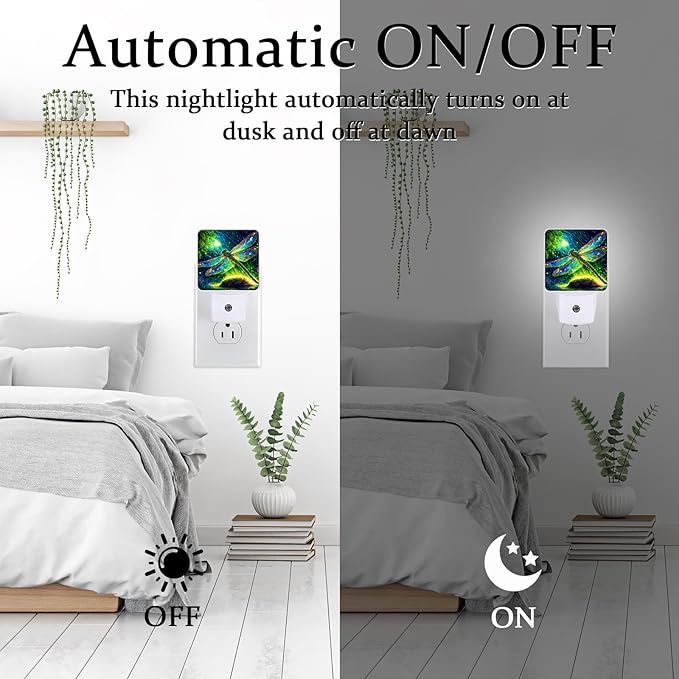 Dragonfly Night Light, Plug-into Wall Green Glitter Nightlight Lamp with Dusk to Dawn Sensor, Led Lamp 0.5W Energy Efficient for Boys Girls Adults Home Decor