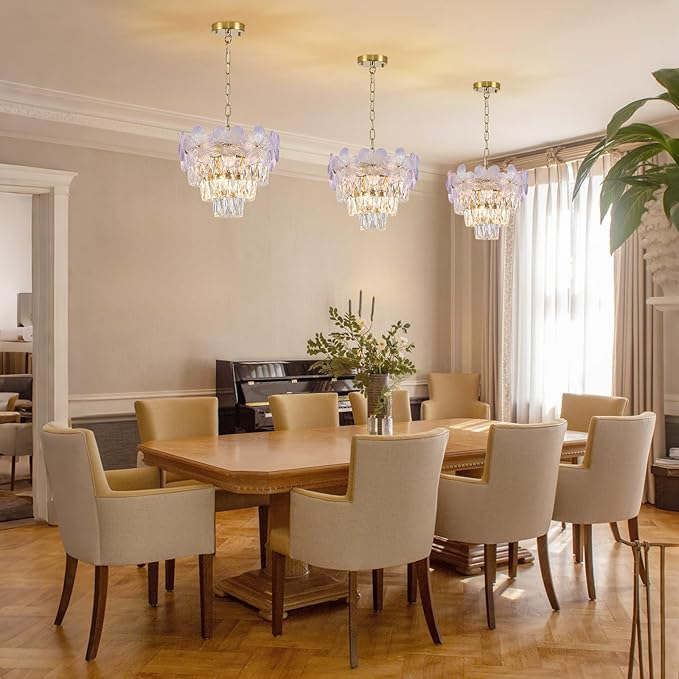 Modern Purple Flower Elegant Chandeliers 3-Lights 14" K9 Crystal Luxury Gold Chandelier Lighting 4 Tiers Small Ceiling Pendant Light Fixture for Dining Room Kitchen Island Entryway Bedroom