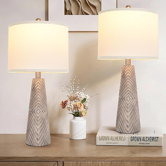 Terpsichore Nightstand Lamp Bedside Lamps Set of 2 Vintage Rustic Farmhouse Table Lamp 3 Way Dimmable Horizontal Stripe Light,for Living Room Bedroom,USB A+C (Gray, Hing 24 in)
