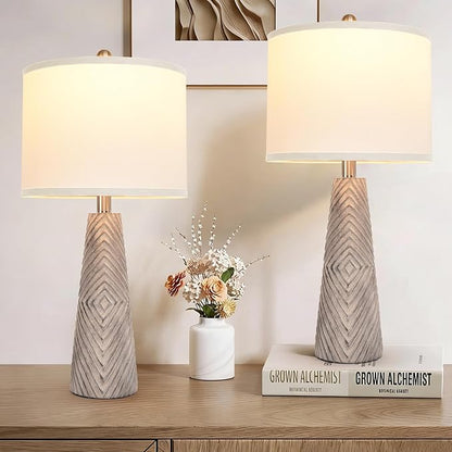 Terpsichore Nightstand Lamp Bedside Lamps Set of 2 Vintage Rustic Farmhouse Table Lamp 3 Way Dimmable Horizontal Stripe Light,for Living Room Bedroom,USB A+C (Gray, Hing 24 in)