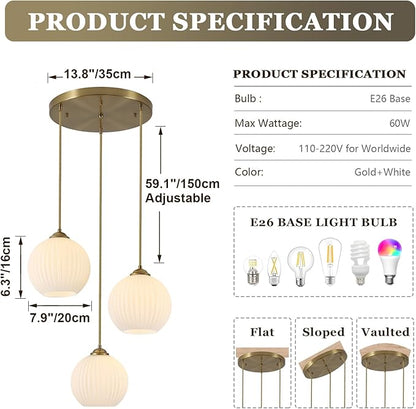 3 Light Pendant Lighting Milk Glass Chandelier Gold Cluster Pendant Light Fixture Vintage Chandelier White Glass Globe Pendant Lights Kitchen Island
