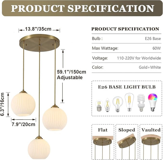 3 Light Pendant Lighting Milk Glass Chandelier Gold Cluster Pendant Light Fixture Vintage Chandelier White Glass Globe Pendant Lights Kitchen Island