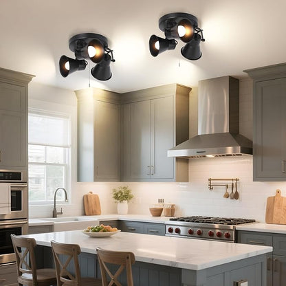 KEESFU Adjustable 3-Light Track Lighting with Pull Chain Switch, Modern Round Ceiling Lamp for Kitchen Hallway Bathroom, Directional Flush Mount Fixture for Dining Room Bedroom Office.