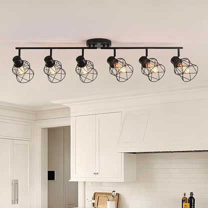 6 Lights Adjustable Multi-Directional Black Light Fixtures, Semi Flush Mount Ceiling Light, Kitchen Light Fixtures, Track Lighting Fixtures Metal Cage Industrial Spotlight Fixtures for Dining Room