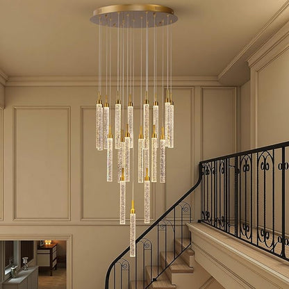 SNZ 20-Light Gold Crystal Chandelier, High Ceiling Chandelier for Staircase, Modern LED Dimmable Pendant Light Fixture for Entryway Hallway Living Room, 157in, Gold
