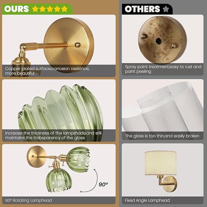 Vintage Wall Sconce Set of Two, Battery Operated Wall Sconce with Deep Green Tulip Glass Lampshade Rechargeable Wall Light with Remote Control for Bedroom,Living Room, Hallway, Aisle