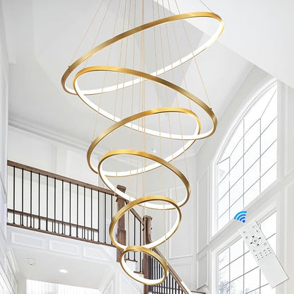 Modern 31" Big LED Chandeliers for High Ceiling 6 Rings Gold Chandeliers with Remote Control Dimmable Large Contemporary Ceiling Pendant Light for Foyer Living Room 3000K-6000K Selectable