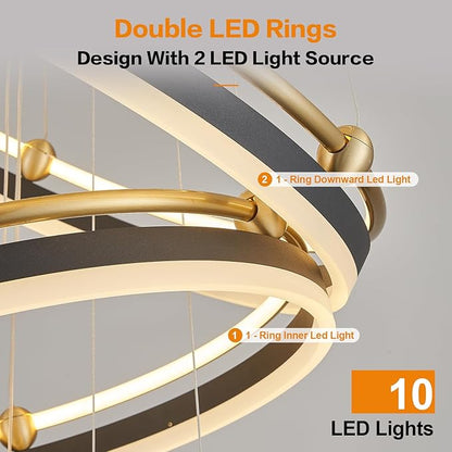Benkut 5-Rings Modern LED Chandelier Black Gold Dimmable Large High Ceiling Chandeliers Foyer, Remote Pendant Lighting for Foyer Entryway Dining Room Living Room Staircase(10-Ring Lighting, D30in)