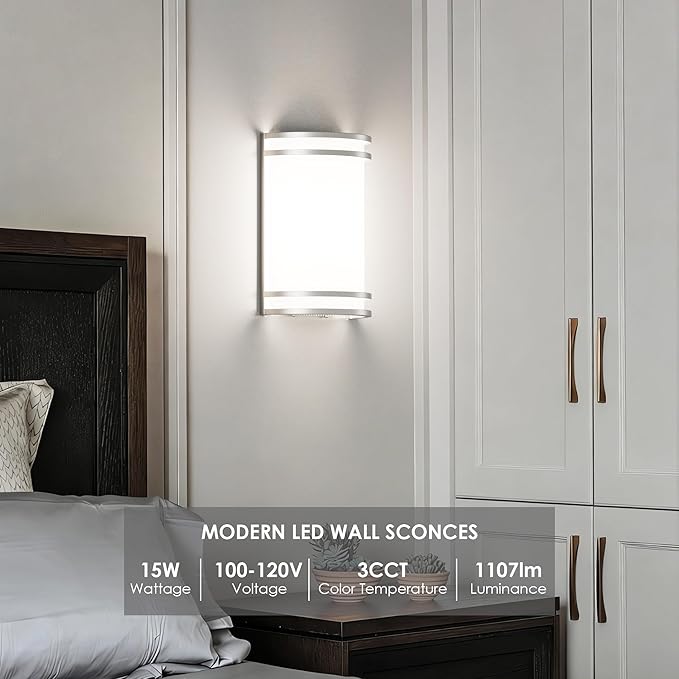 Aipsun Modern Wall Sconces Set of Two, Hardwired 15W LED Indoor Dimmable 3000K 4000K 5000K Wall Lights for Living Room Hallway Bedroom (Brushed Nickel)