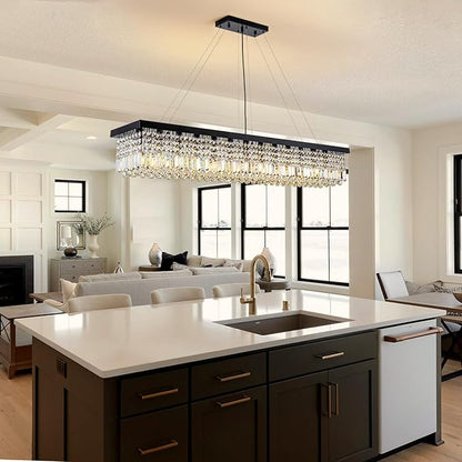 7PM Rectangle K9 Crystal Chandelier, 13-Light Modern Dining Room Linear Ceiling Chandelier, Rectangular Pendant Lighting Fixture for Kitchen Island Bedroom, Black Finish L59'' x W10'' x H9''