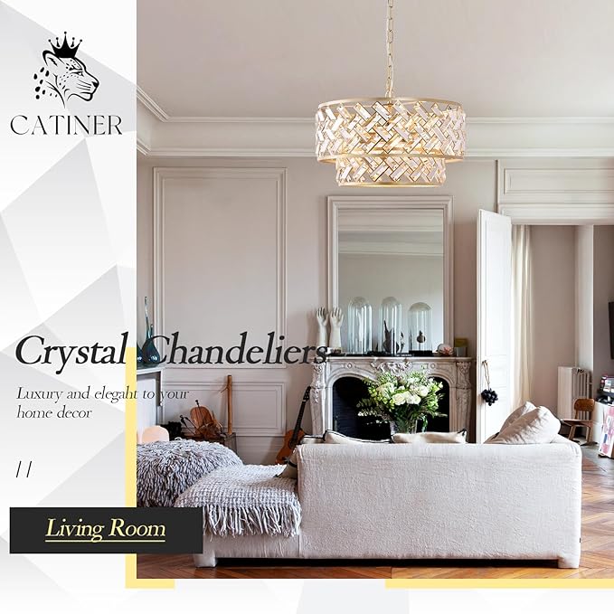 CATINER 20'' Modern Gold Crystal Chandelier Luxury Semi Flush Mount Ceiling Light Fixtures 6-Lights Round Crystal Pendant Chandelier for Dining Room Foyer Living Room Bedroom