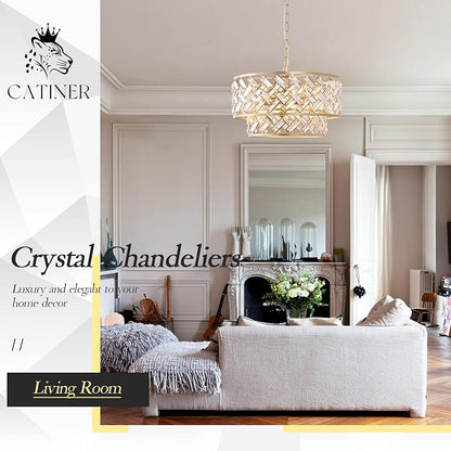 CATINER 20'' Modern Gold Crystal Chandelier Luxury Semi Flush Mount Ceiling Light Fixtures 6-Lights Round Crystal Pendant Chandelier for Dining Room Foyer Living Room Bedroom