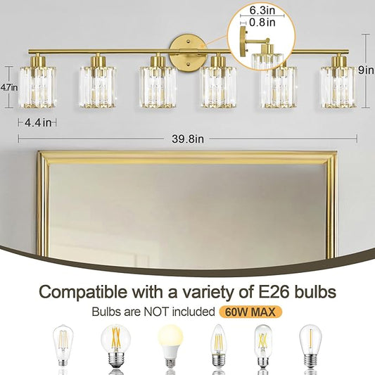 Crystal Bathroom Light Fixtures,Bathroom Lighting Fixtures Over Mirror, Modern 6-Light Brushed Nickel Vanity Lights for Mirror, Restroom,Kitchen(Ceramic E26 Socket,Bulbs Not Include)