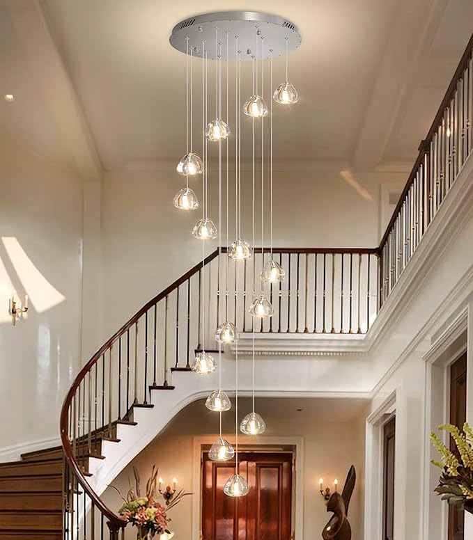 HAIXIANG LED Glam Chandelier 118 inches Long Light Luxury Crystal Ceiling Chandeliers Remote Dimmable High Ceiling Pendants Lighting Fixtures Brushed Nickel 15 Lights