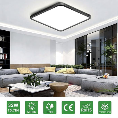 15.7Inch 32W Square LED Ceiling Light Fixtures Flush Mount, 5000K Daylight White LED Ceiling Lamp, Surface Mount Modern Ceiling Lights, Black Slim Flat Panel Lighting for Bedroom, Kitchen, Bathroom