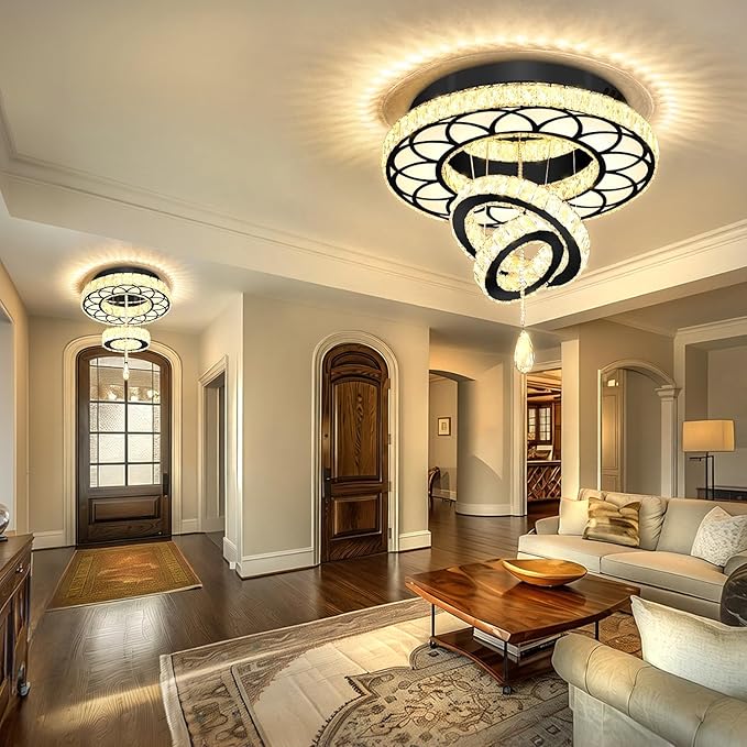 Flashing God Dia 20" Modern Crystal Chandelier Flush Mount Chandeliers LED Dimmable Bedroom Chandelier Crystal Ceiling Light for Dining Room Living Room Foyer Black