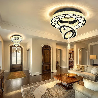Flashing God Dia 20" Modern Crystal Chandelier Flush Mount Chandeliers LED Dimmable Bedroom Chandelier Crystal Ceiling Light for Dining Room Living Room Foyer Black