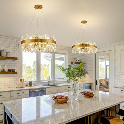 Modern Crystal Chandelier for Dining Room, 12-Light Luxury Gold Flush Mount Crystal Ceiling Light 2-Tiers K9 Crystal Raindrop Chandelier for Living Room Kitchen Entryway Foyer D23.6''