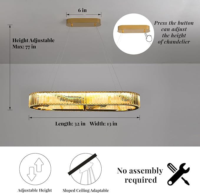 Luxury Crystal Chandelier, Modern Rectangular LED Pendant Light for Kitchen Island Dining Room, 40 Inch, No Assembly Required