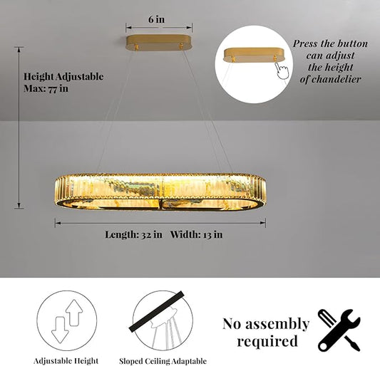 Luxury Crystal Chandelier, Modern Rectangular LED Pendant Light for Kitchen Island Dining Room, 40 Inch, No Assembly Required