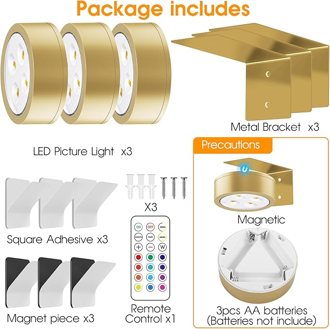 RGB Picture Light Battery Operated Painting Lights for Wall Wireless Magnetic Display Art Light with Remote Controls,Dimmable&Timer for Art Frame Artworking,6Pack Gold