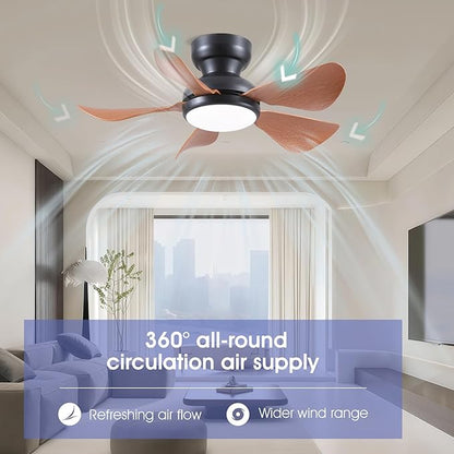 Kviflon 32 Inch Modern Ceiling Fans with Lights, Small Flush Mount Ceiling Fan with Light and Remote/APP Control, 5 Reversible 6 Speeds Curved Blades, 3 CCT Dimmable Lights for Kids Room, Brown