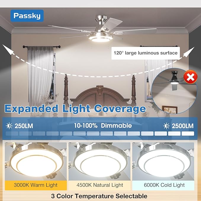 Passky Ceiling Fans with Lights, 52 inch Silver Flush Mount Ceiling Fan with Remote Control, Low Profile Ceiling Fan for Bedroom, Farmhouse, Reversible, 3CCT, Dimmable, Noiseless DC Motor, 2 Rings