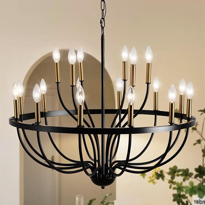 Modern Farmhouse Chandelier for Dining Room 18 Lights,Black and Gold Chandelier Light Fixture,Adjustable Height Hanging Candle Pendant Lighting for Kitchen Island (Black&Gold 18-Lights)
